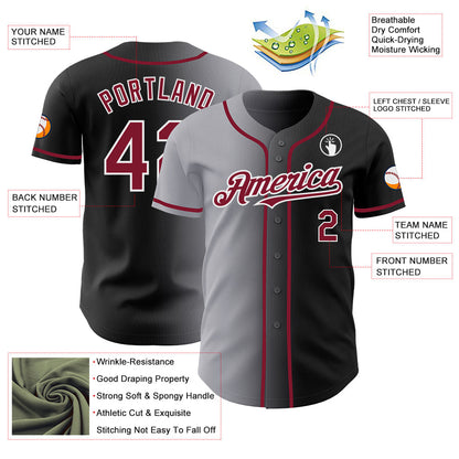Custom Black Crimson Gray-White Authentic Gradient Fashion Baseball Jersey - Sky-Custom
