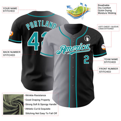 Custom Black Teal Gray-White Authentic Gradient Fashion Baseball Jersey - Sky-Custom