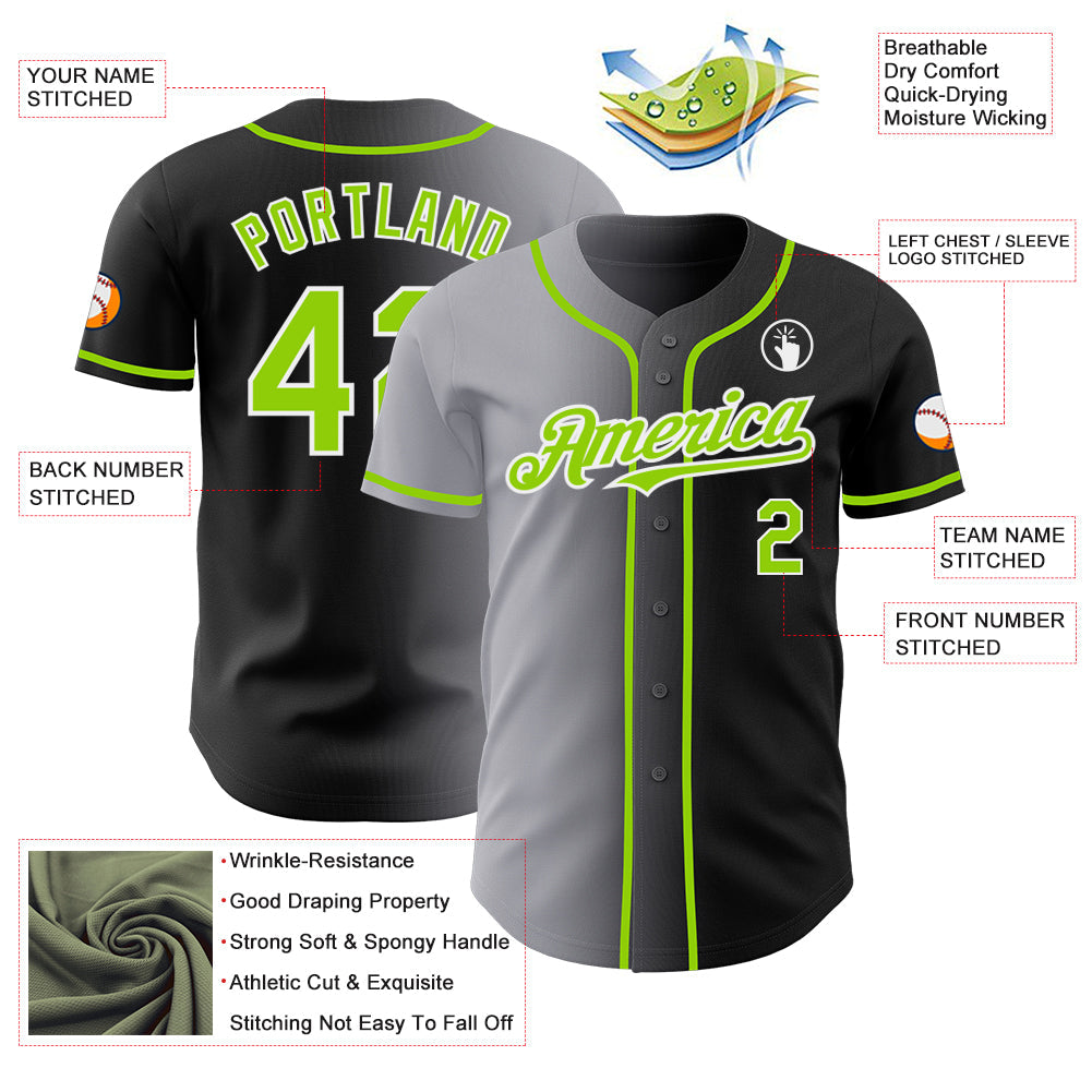 Custom Black Neon Green Gray-White Authentic Gradient Fashion Baseball Jersey - Sky-Custom