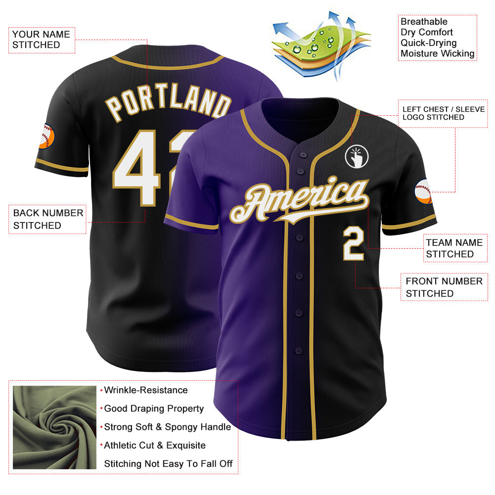 Custom Black White Purple-Old Gold Authentic Gradient Fashion Baseball Jersey - Sky-Custom