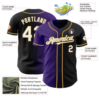 Custom Black White Purple-Old Gold Authentic Gradient Fashion Baseball Jersey - Sky-Custom