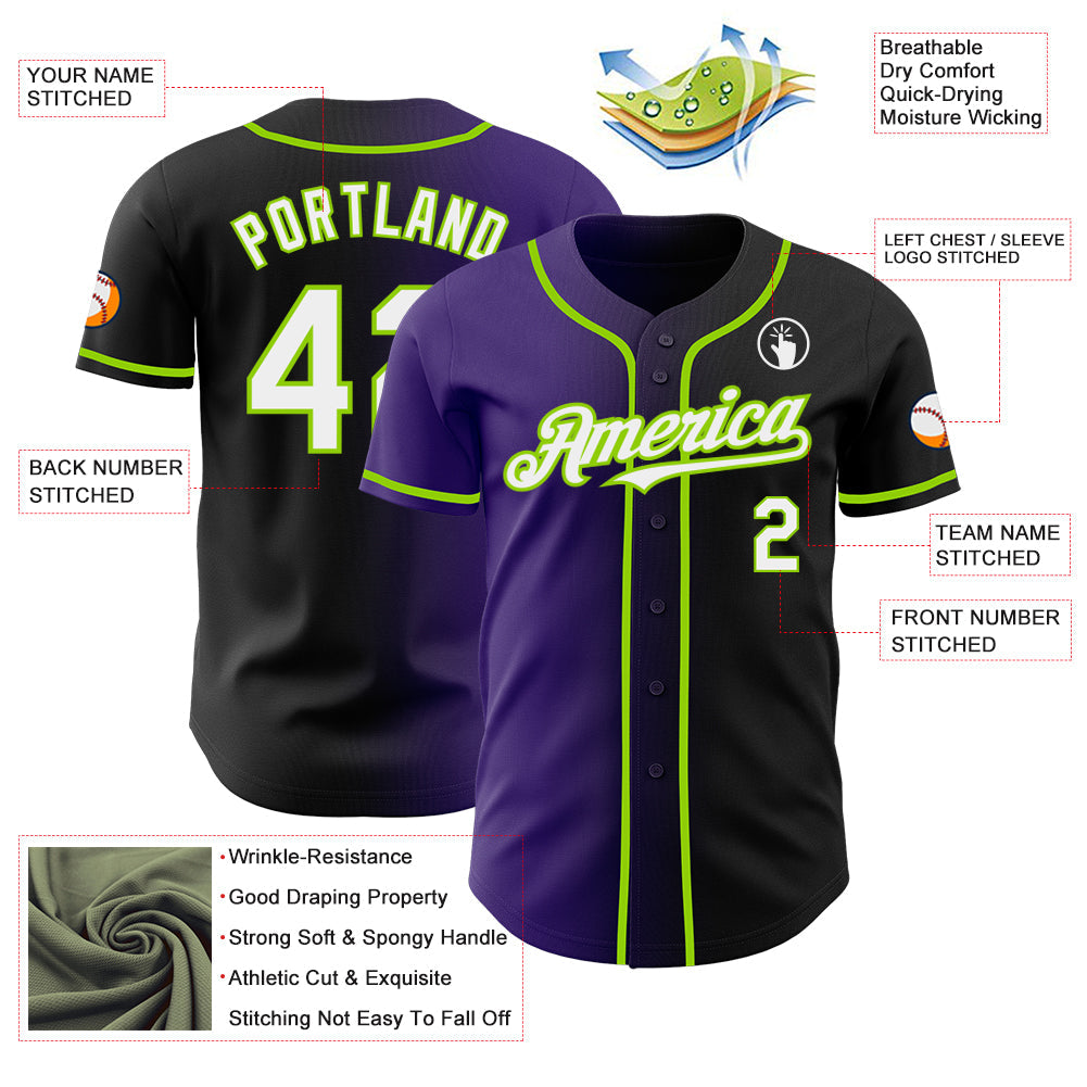 Custom Black White Purple-Neon Green Authentic Gradient Fashion Baseball Jersey - Sky-Custom