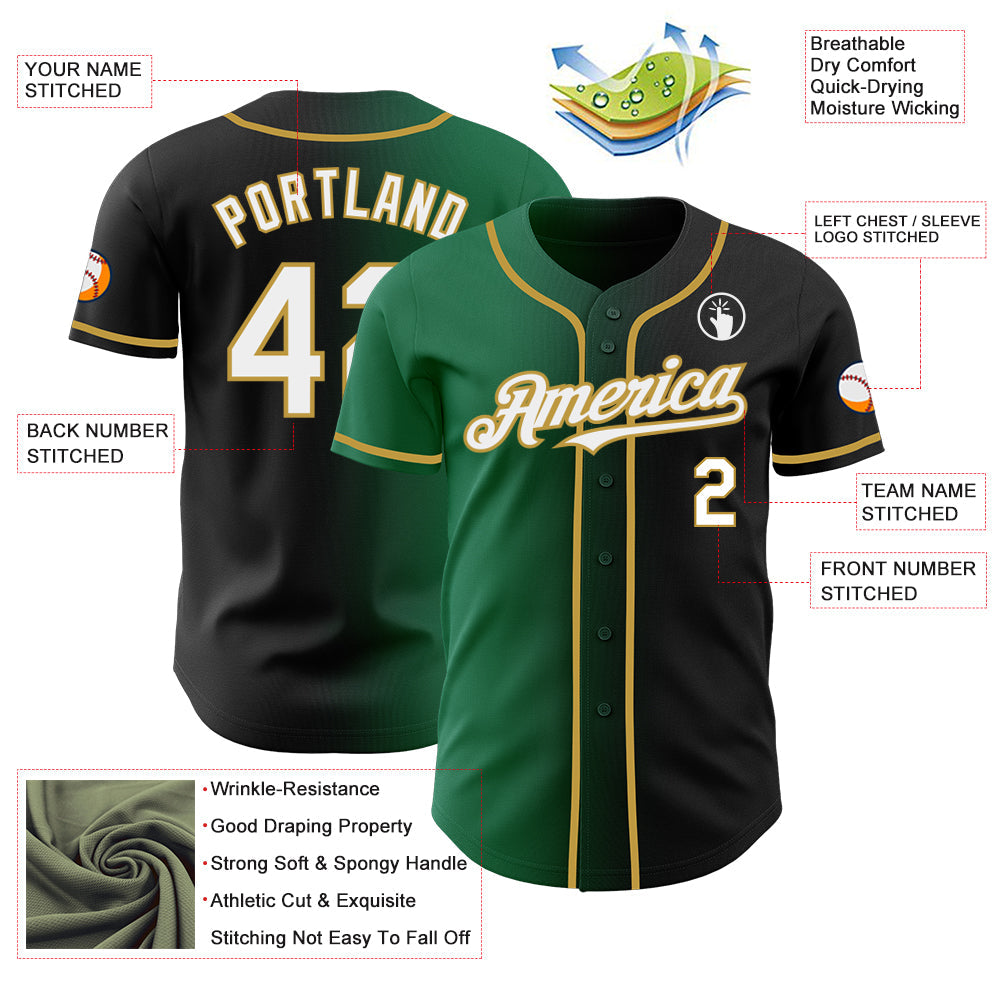 Custom Black White Kelly Green-Old Gold Authentic Gradient Fashion Baseball Jersey - Sky-Custom