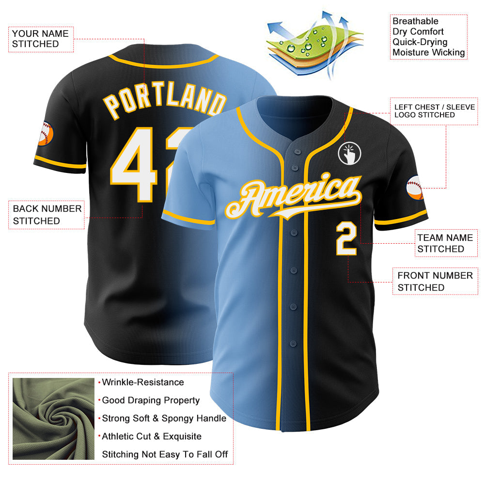 Custom Black White Light Blue-Gold Authentic Gradient Fashion Baseball Jersey - Sky-Custom
