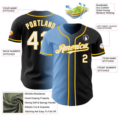 Custom Black White Light Blue-Gold Authentic Gradient Fashion Baseball Jersey - Sky-Custom