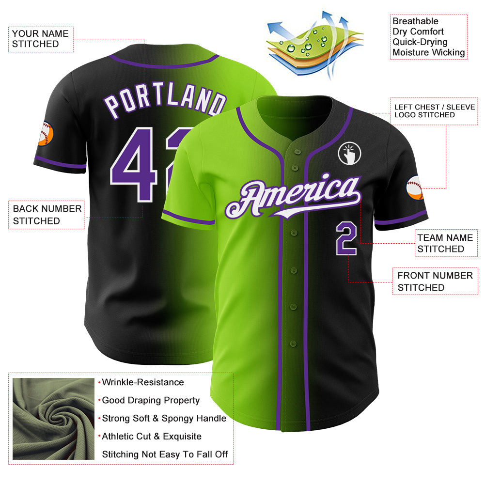 Custom Black Purple Neon Green-White Authentic Gradient Fashion Baseball Jersey - Sky-Custom