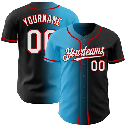 Custom Black White Sky Blue-Red Authentic Gradient Fashion Baseball Jersey - Sky-Custom