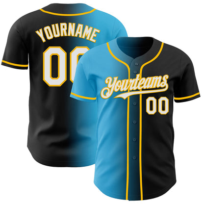 Custom Black White Sky Blue-Gold Authentic Gradient Fashion Baseball Jersey - Sky-Custom