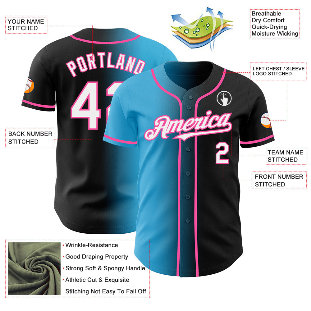 Custom Black White Sky Blue-Pink Authentic Gradient Fashion Baseball Jersey - Sky-Custom