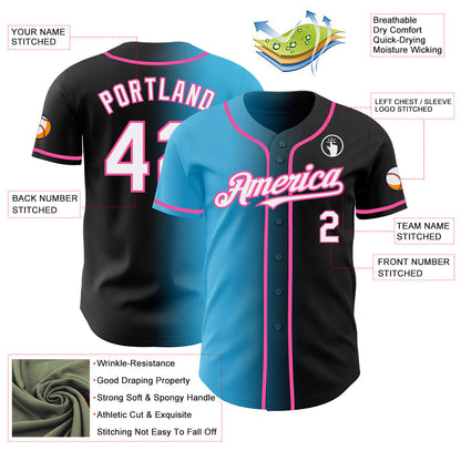 Custom Black White Sky Blue-Pink Authentic Gradient Fashion Baseball Jersey - Sky-Custom