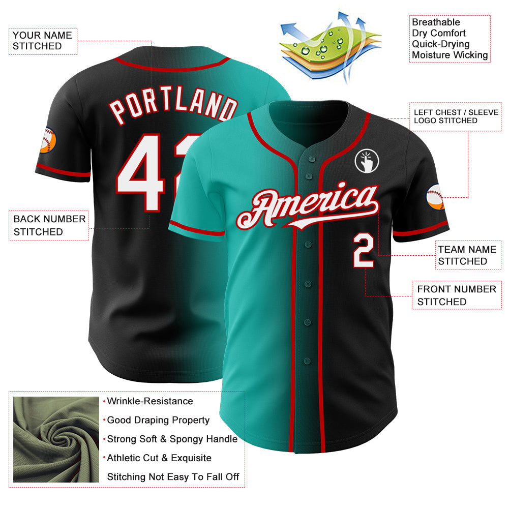 Custom Black White Aqua-Red Authentic Gradient Fashion Baseball Jersey - Sky-Custom