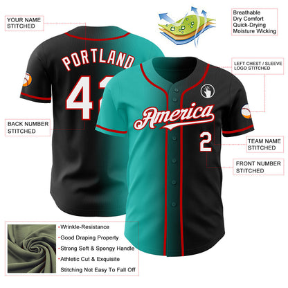 Custom Black White Aqua-Red Authentic Gradient Fashion Baseball Jersey - Sky-Custom