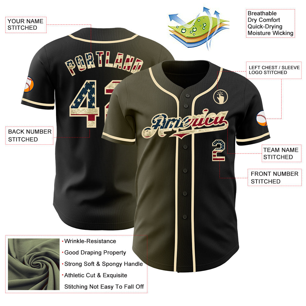 Custom Black Vintage USA Flag Olive-Cream Authentic Gradient Fashion Baseball Jersey - Sky-Custom