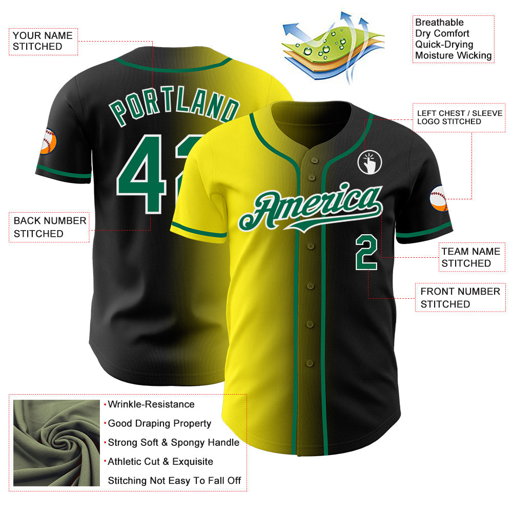 Custom Black Kelly Green Light Yellow-White Authentic Gradient Fashion Baseball Jersey - Sky-Custom