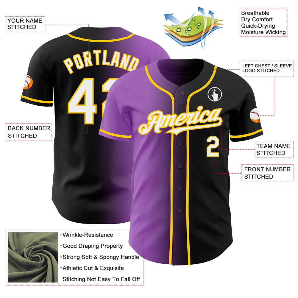 Custom Black White Medium Purple-Yellow Authentic Gradient Fashion Baseball Jersey - Sky-Custom