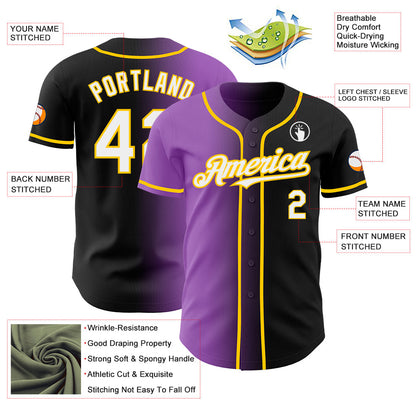 Custom Black White Medium Purple-Yellow Authentic Gradient Fashion Baseball Jersey - Sky-Custom