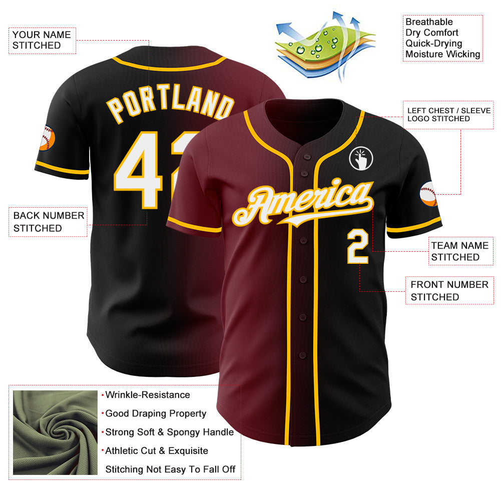 Custom Black White Burgundy-Gold Authentic Gradient Fashion Baseball Jersey - Sky-Custom