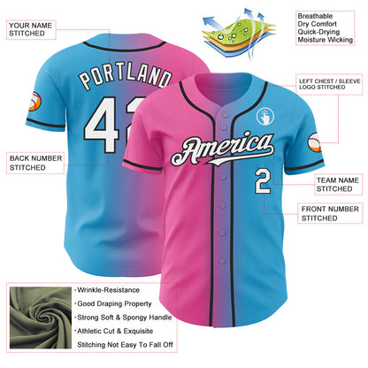 Custom Sky Blue White Pink-Black Authentic Gradient Fashion Baseball Jersey - Sky-Custom