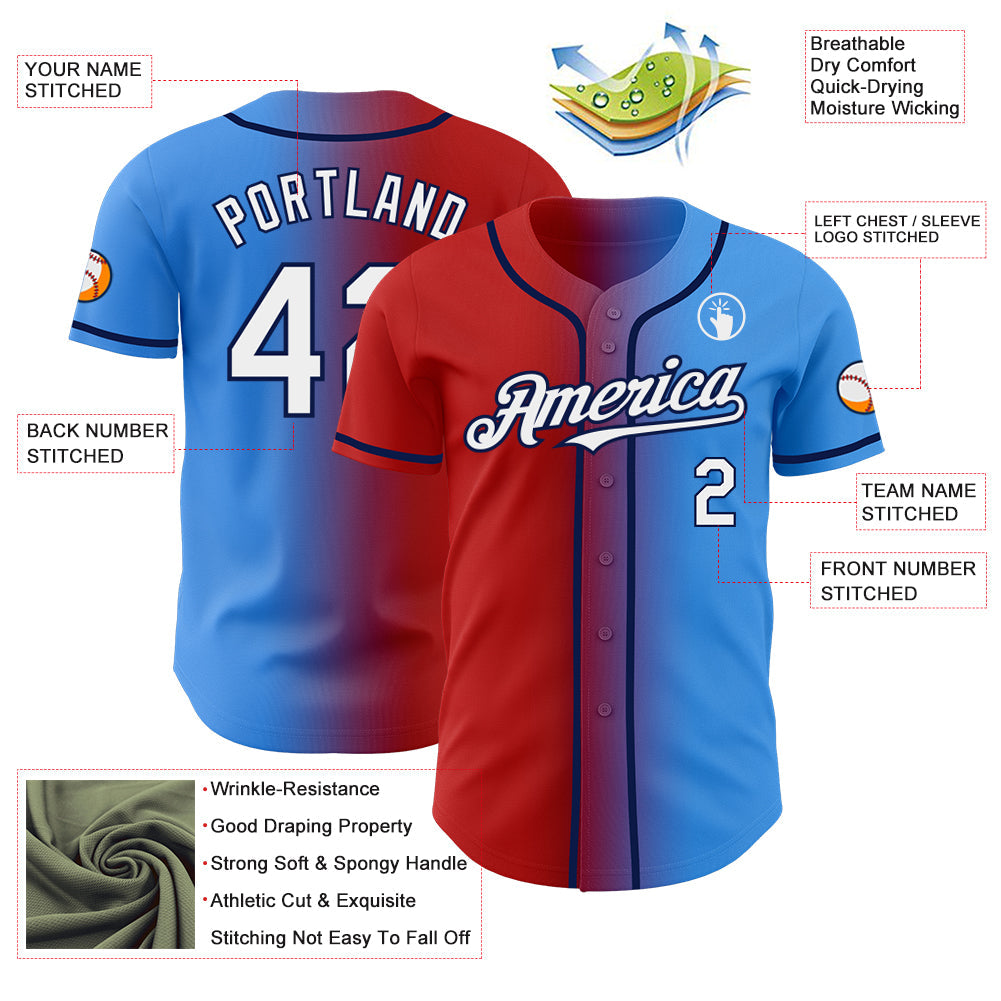 Custom Electric Blue White Red-Navy Authentic Gradient Fashion Baseball Jersey - Sky-Custom