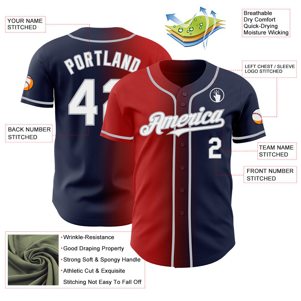 Custom Navy White Red-Gray Authentic Gradient Fashion Baseball Jersey - Sky-Custom