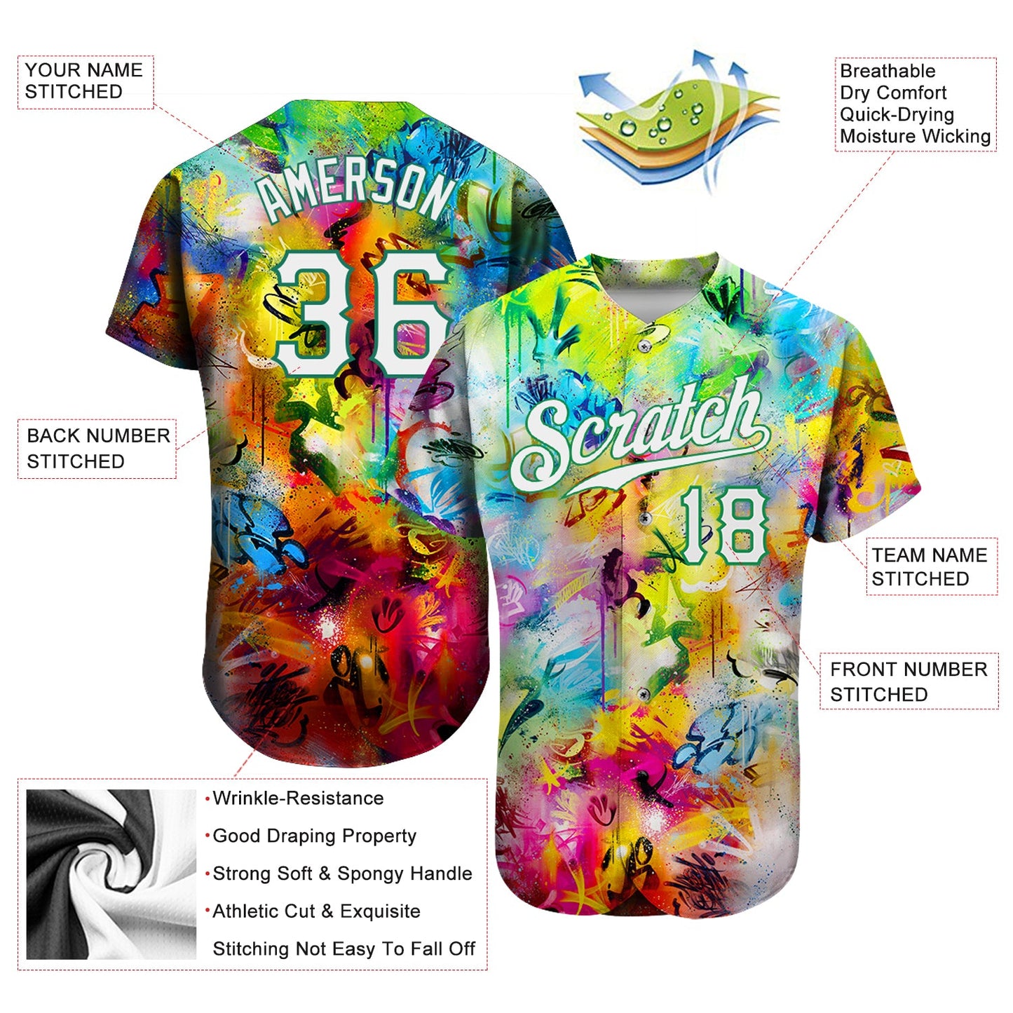 Custom Scratch Graffiti Pattern White-Kelly Green 3D Authentic Baseball Jersey - Sky-Custom