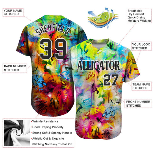Custom Scratch Graffiti Pattern Black-White 3D Authentic Baseball Jersey - Sky-Custom