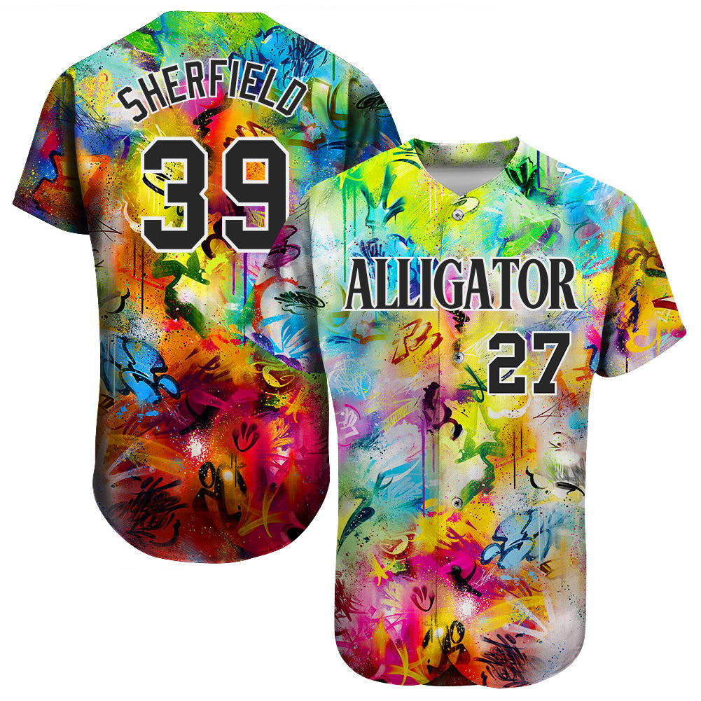 Custom Scratch Graffiti Pattern Black-White 3D Authentic Baseball Jersey - Sky-Custom