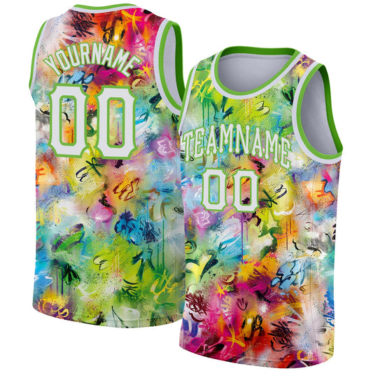 Custom Scratch Graffiti Pattern White-Neon Green 3D Authentic Basketball Jersey - Sky-Custom