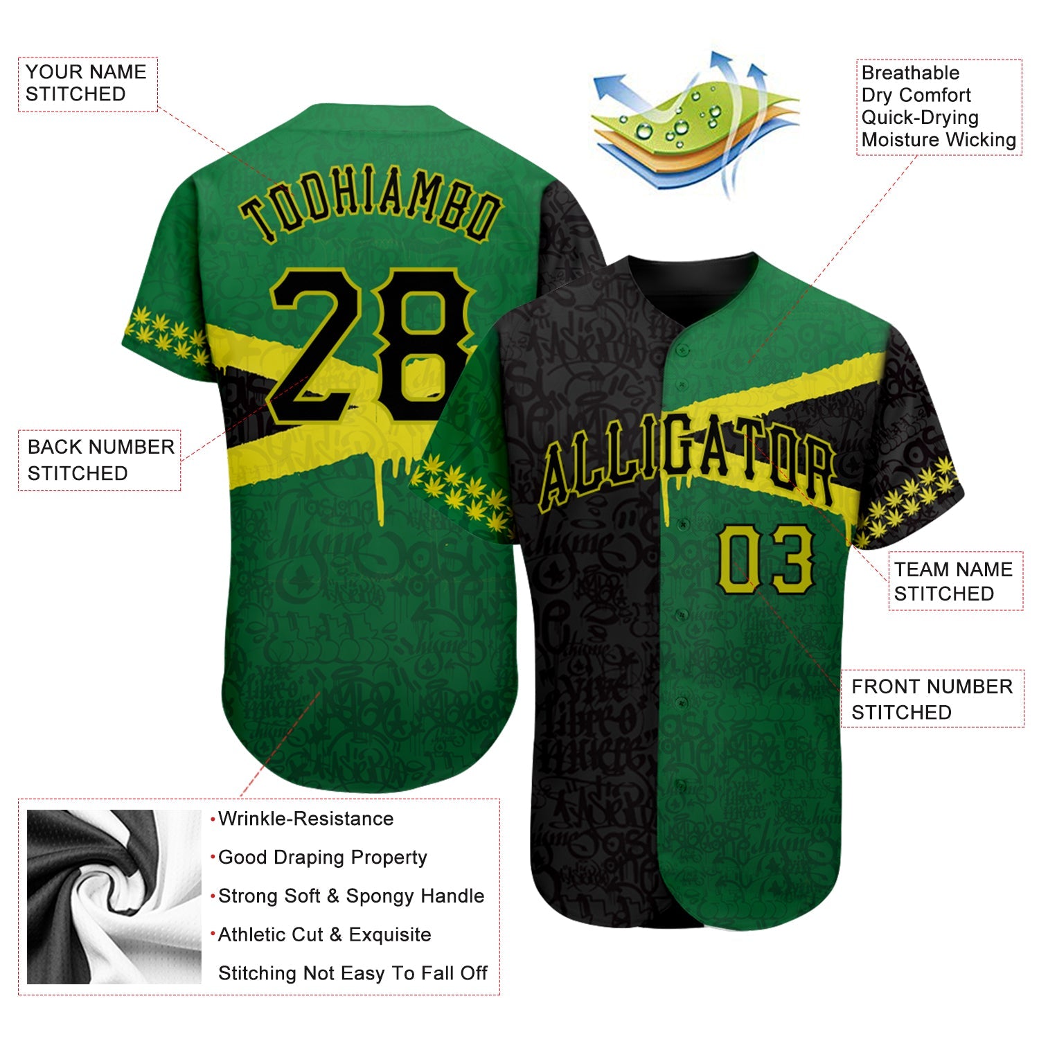 Custom Graffiti Pattern Black-Green 3D Jamaica Authentic Baseball Jersey - Sky-Custom