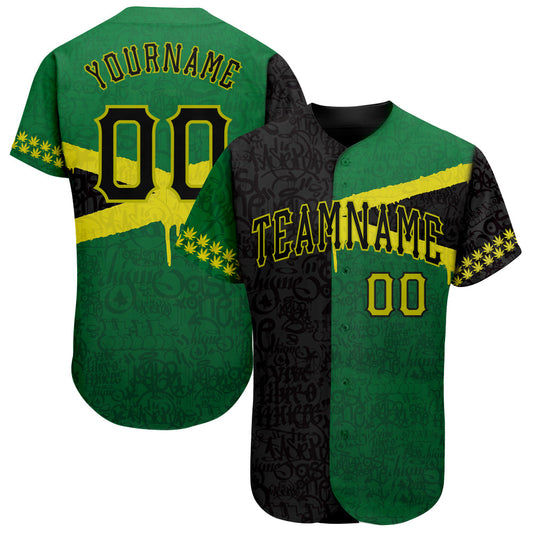 Custom Graffiti Pattern Black-Green 3D Jamaica Authentic Baseball Jersey - Sky-Custom