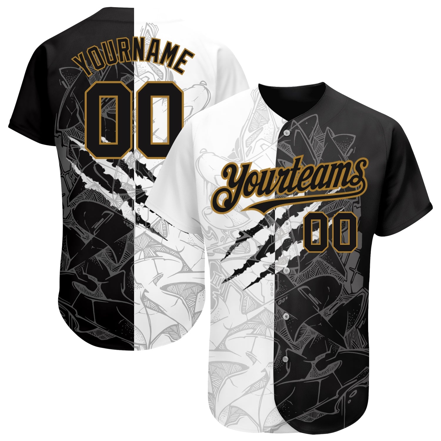 Custom Graffiti Pattern Black-Old Gold 3D Authentic Baseball Jersey - Sky-Custom