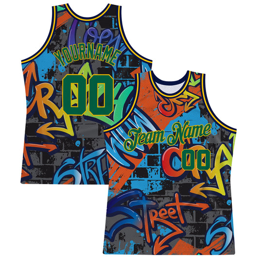 Custom Graffiti Pattern Kelly Green-Gold 3D Geometric Authentic Basketball Jersey - Sky-Custom