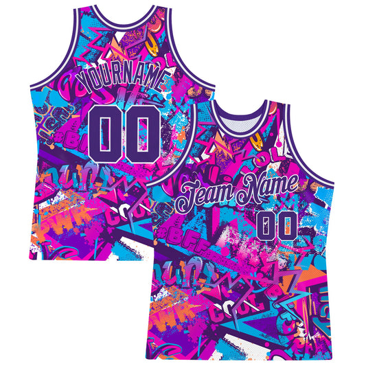 Custom Graffiti Pattern Purple-White 3D Words Authentic Basketball Jersey - Sky-Custom