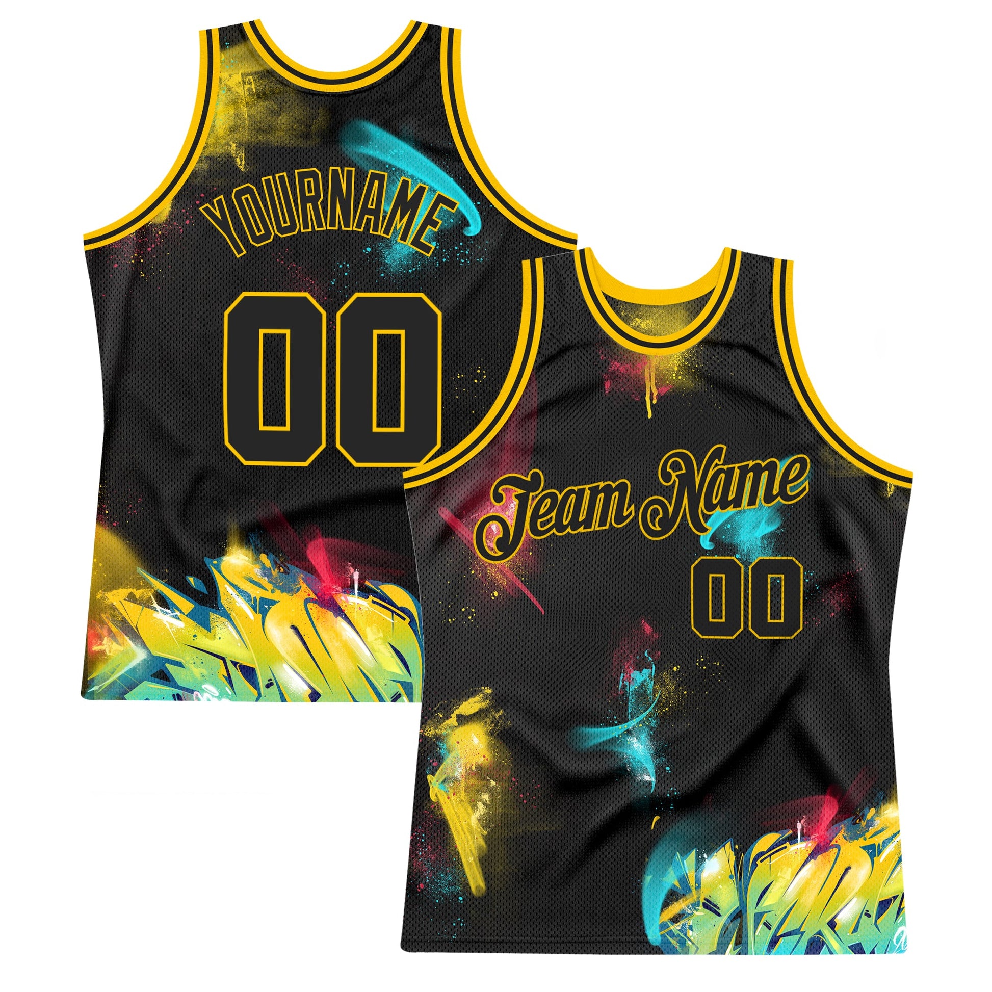 Custom Graffiti Pattern Black-Gold 3D Authentic Basketball Jersey - Sky-Custom