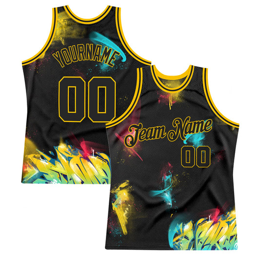 Custom Graffiti Pattern Black-Gold 3D Authentic Basketball Jersey - Sky-Custom