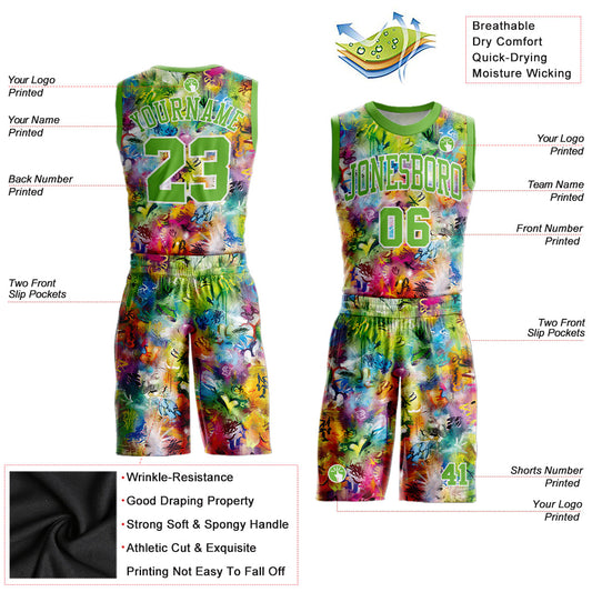 Custom Graffiti Pattern Neon Green-White Round Neck Sublimation Basketball Suit Jersey - Sky-Custom