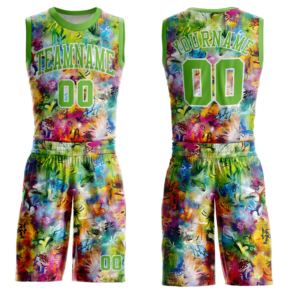 Custom Graffiti Pattern Neon Green-White Round Neck Sublimation Basketball Suit Jersey - Sky-Custom