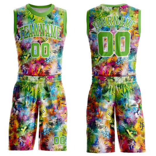 Custom Graffiti Pattern Neon Green-White Round Neck Sublimation Basketball Suit Jersey - Sky-Custom