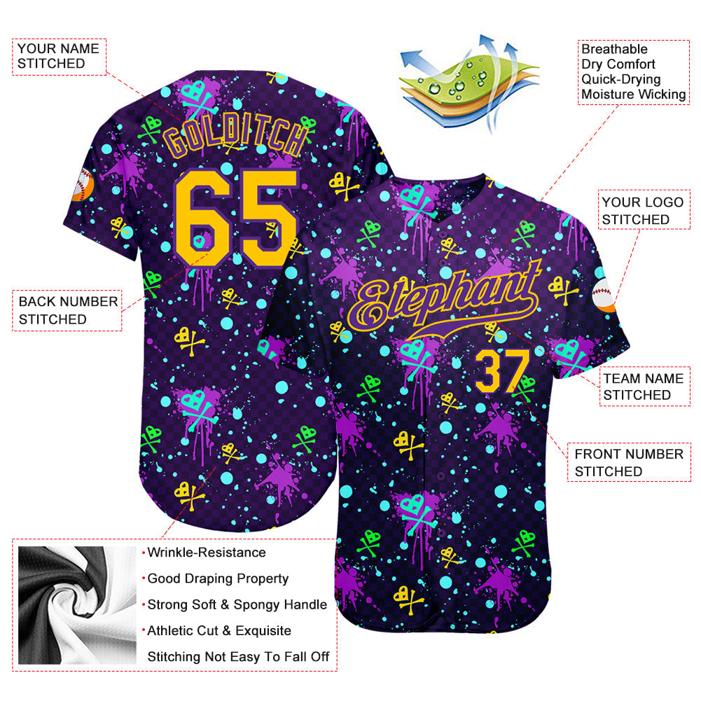 Custom Graffiti Pattern Gold-Purple 3D Clashing Colors Paint-Splatter Authentic Baseball Jersey - Sky-Custom