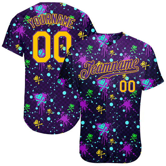 Custom Graffiti Pattern Gold-Purple 3D Clashing Colors Paint-Splatter Authentic Baseball Jersey - Sky-Custom