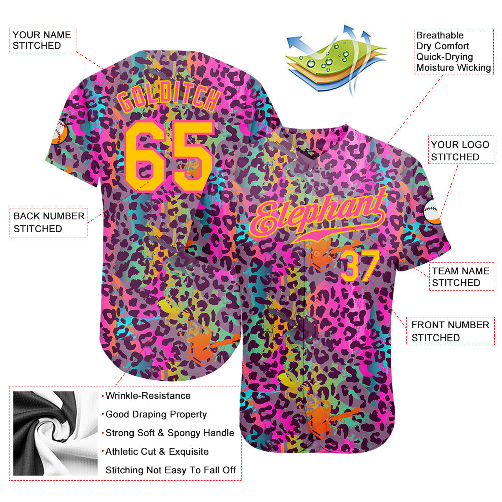Custom Graffiti Pattern Gold-Pink 3D Colorful Leopard Authentic Baseball Jersey - Sky-Custom