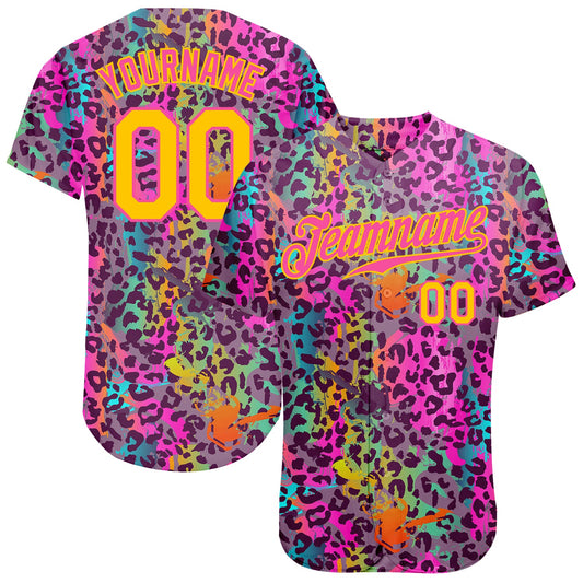 Custom Graffiti Pattern Gold-Pink 3D Colorful Leopard Authentic Baseball Jersey - Sky-Custom