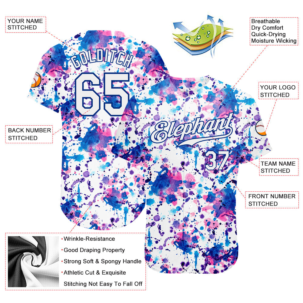 Custom Graffiti Pattern White-Royal 3D Abstract Watercolor Authentic Baseball Jersey - Sky-Custom