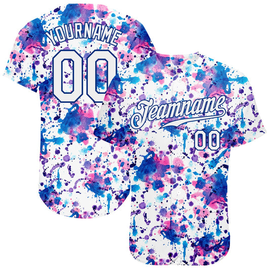 Custom Graffiti Pattern White-Royal 3D Abstract Watercolor Authentic Baseball Jersey - Sky-Custom