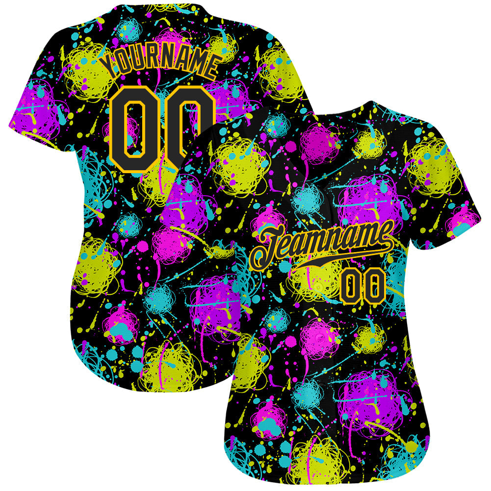 Custom Graffiti Pattern Black-Gold 3D Neon Splatter Authentic Baseball Jersey - Sky-Custom