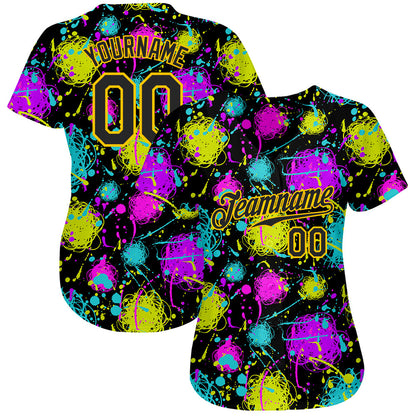Custom Graffiti Pattern Black-Gold 3D Neon Splatter Authentic Baseball Jersey - Sky-Custom