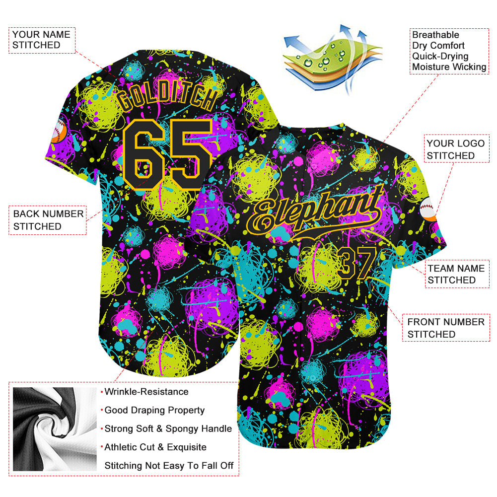 Custom Graffiti Pattern Black-Gold 3D Neon Splatter Authentic Baseball Jersey - Sky-Custom