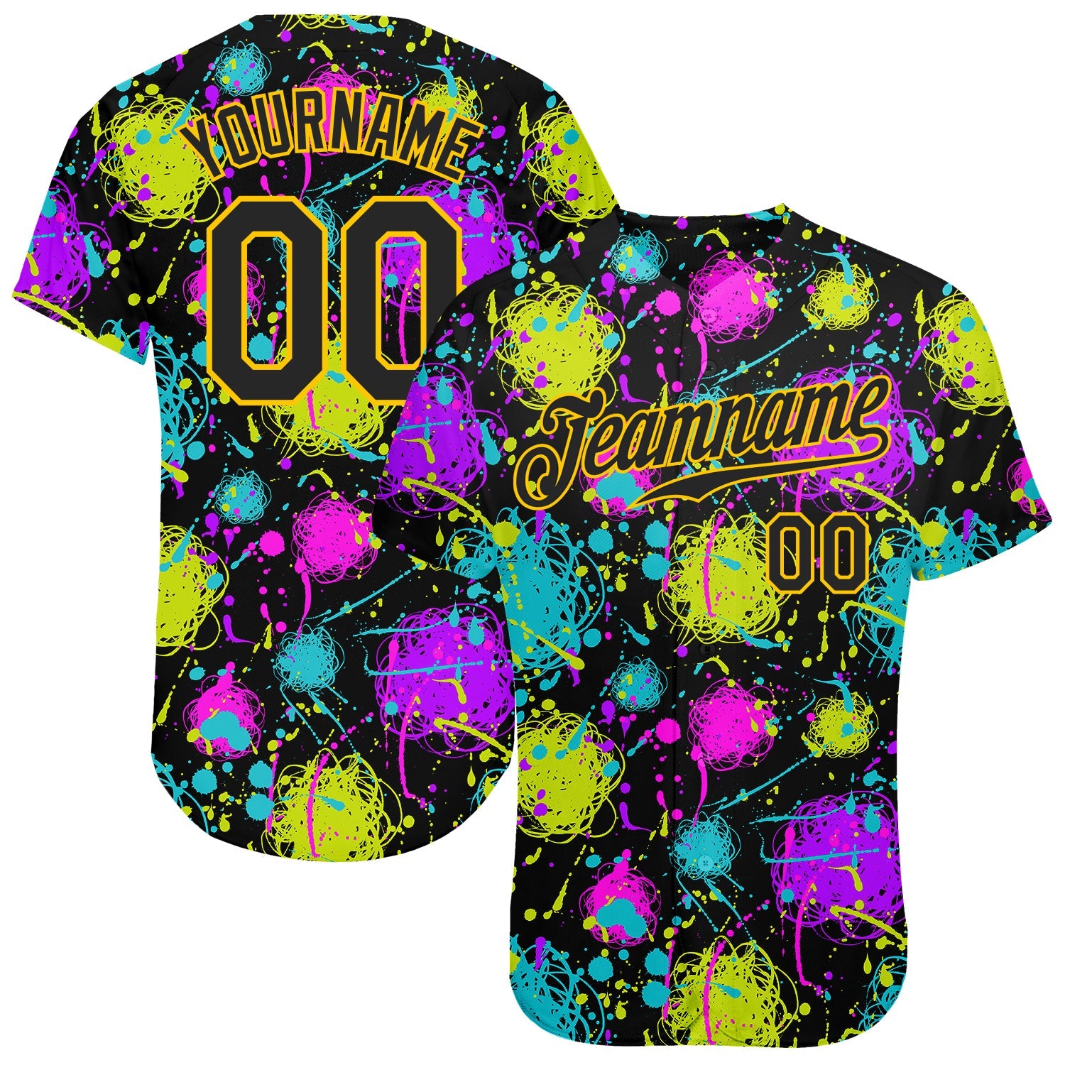 Custom Graffiti Pattern Black-Gold 3D Neon Splatter Authentic Baseball Jersey - Sky-Custom