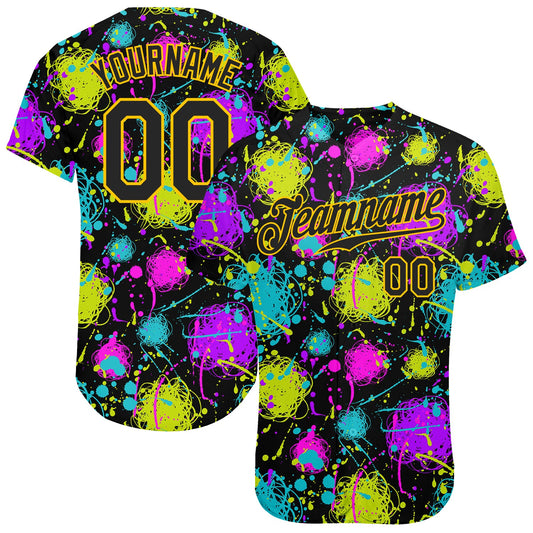 Custom Graffiti Pattern Black-Gold 3D Neon Splatter Authentic Baseball Jersey - Sky-Custom