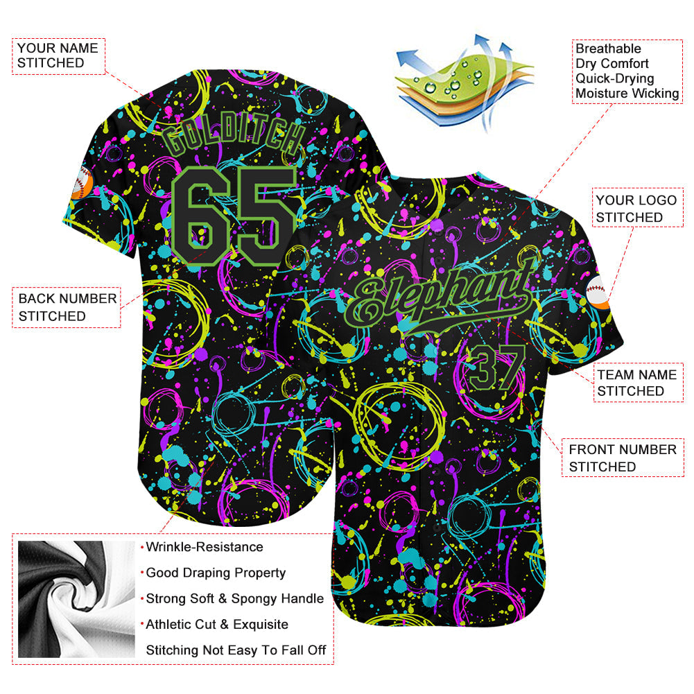 Custom Graffiti Pattern Black-Neon Green 3D Neon Splatter Authentic Baseball Jersey - Sky-Custom